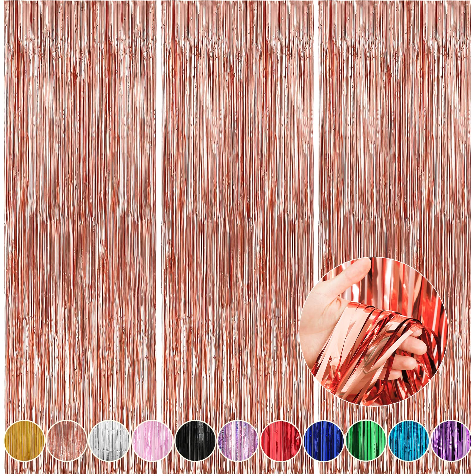 Crosize 3 Pack Backdrop Curtain, 3.3 x 9.9 ft Rose Gold Foil Fringe, Streamers Birthday Party Decorations, Tinsel Curtain for Parties, Photo Booth, Party Decor