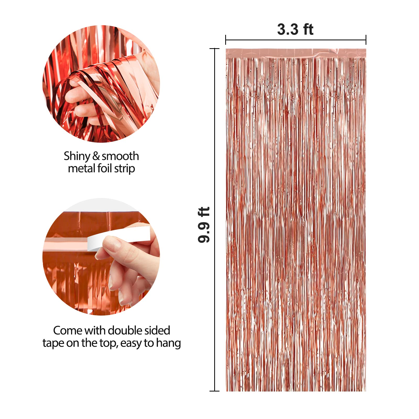 Crosize 3 Pack Backdrop Curtain, 3.3 x 9.9 ft Rose Gold Foil Fringe, Streamers Birthday Party Decorations, Tinsel Curtain for Parties, Photo Booth, Party Decor