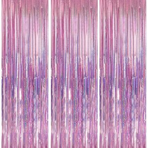 crosize 3 pack 3.3 x 9.9 ft pink foil fringe backdrop curtain, streamer backdrop curtains, streamers birthday party decorations, tinsel curtain for parties, galentines decor, preppy, photo booth