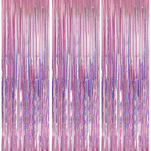 Crosize 3 Pack 3.3 x 9.9 ft Pink Foil Fringe Backdrop Curtain, Streamer Backdrop Curtains, Streamers Birthday Party Decorations, Tinsel Curtain for Parties, Galentines Decor, Preppy, Photo Booth