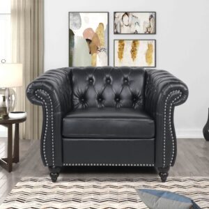 fokwe chesterfield chair leather, upholstered single sofa chair, accent comfy club armchair with rolled arms and nailhead for living room, bedroom (black)