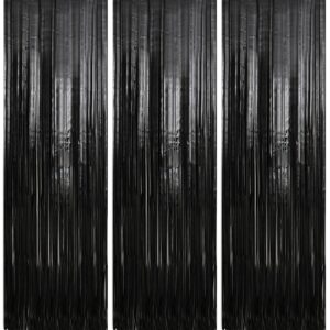 crosize 3 pack 3.3 x 9.9 ft black foil fringe backdrop streamer curtains, birthday party decorations, tinsel curtain for parties, photo booth backdrops, party decor