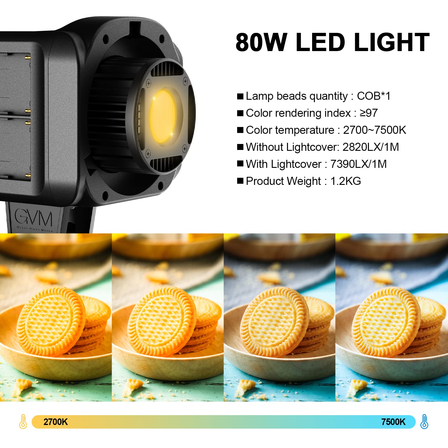 GVM 80W Video Light, Continuous Lighting for Photography with Bowens Mount, 2700~7500K, 44100Lux/0.5m Studio Light with APP, CRI 97+ Bi-Color 8 Scene Lights Support AC Adapter & NP Battery