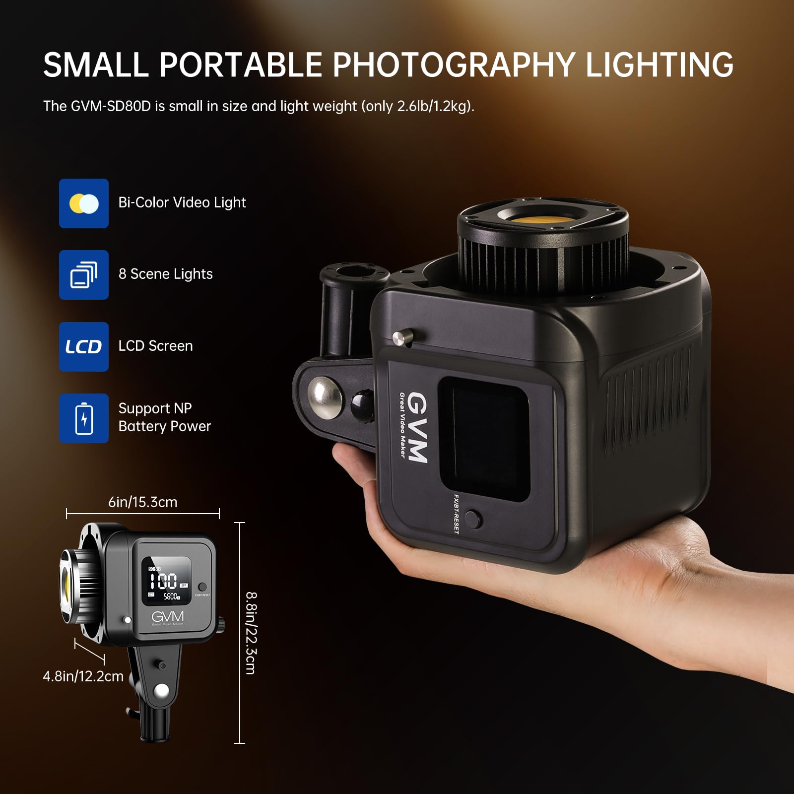 GVM 80W Video Light, Continuous Lighting for Photography with Bowens Mount, 2700~7500K, 44100Lux/0.5m Studio Light with APP, CRI 97+ Bi-Color 8 Scene Lights Support AC Adapter & NP Battery