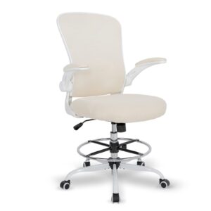 Drafting Chair Tall Office Chair, Standing Desk Chair 3.9'' Cushion, Ergonomic Mesh Computer Chair with Adjustable Foot Ring & Flip-Up Arm, Executive Rolling Swivel Stool for Office & Home. (Beige)