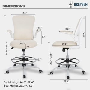 Drafting Chair Tall Office Chair, Standing Desk Chair 3.9'' Cushion, Ergonomic Mesh Computer Chair with Adjustable Foot Ring & Flip-Up Arm, Executive Rolling Swivel Stool for Office & Home. (Beige)