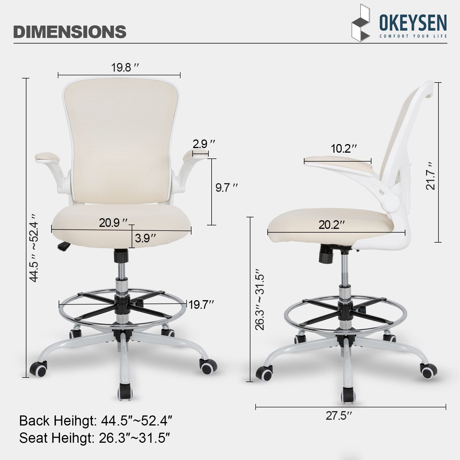 Drafting Chair Tall Office Chair, Standing Desk Chair 3.9'' Cushion, Ergonomic Mesh Computer Chair with Adjustable Foot Ring & Flip-Up Arm, Executive Rolling Swivel Stool for Office & Home. (Beige)