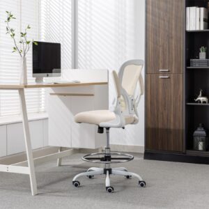 Drafting Chair Tall Office Chair, Standing Desk Chair 3.9'' Cushion, Ergonomic Mesh Computer Chair with Adjustable Foot Ring & Flip-Up Arm, Executive Rolling Swivel Stool for Office & Home. (Beige)