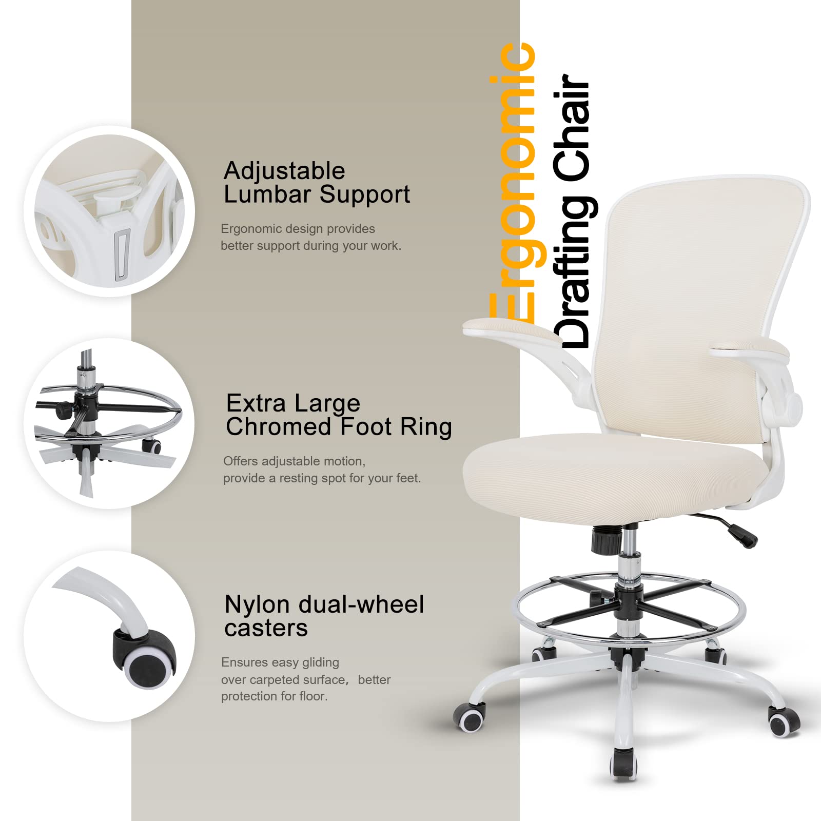 Drafting Chair Tall Office Chair, Standing Desk Chair 3.9'' Cushion, Ergonomic Mesh Computer Chair with Adjustable Foot Ring & Flip-Up Arm, Executive Rolling Swivel Stool for Office & Home. (Beige)