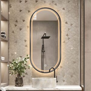 black oval bathroom mirror with led light, wall mirror with aluminium frame, decorative mirror, led illuminated makeup mirror, infinitely dimmable, 3-colour light ( color : black , size : 50x80cm )