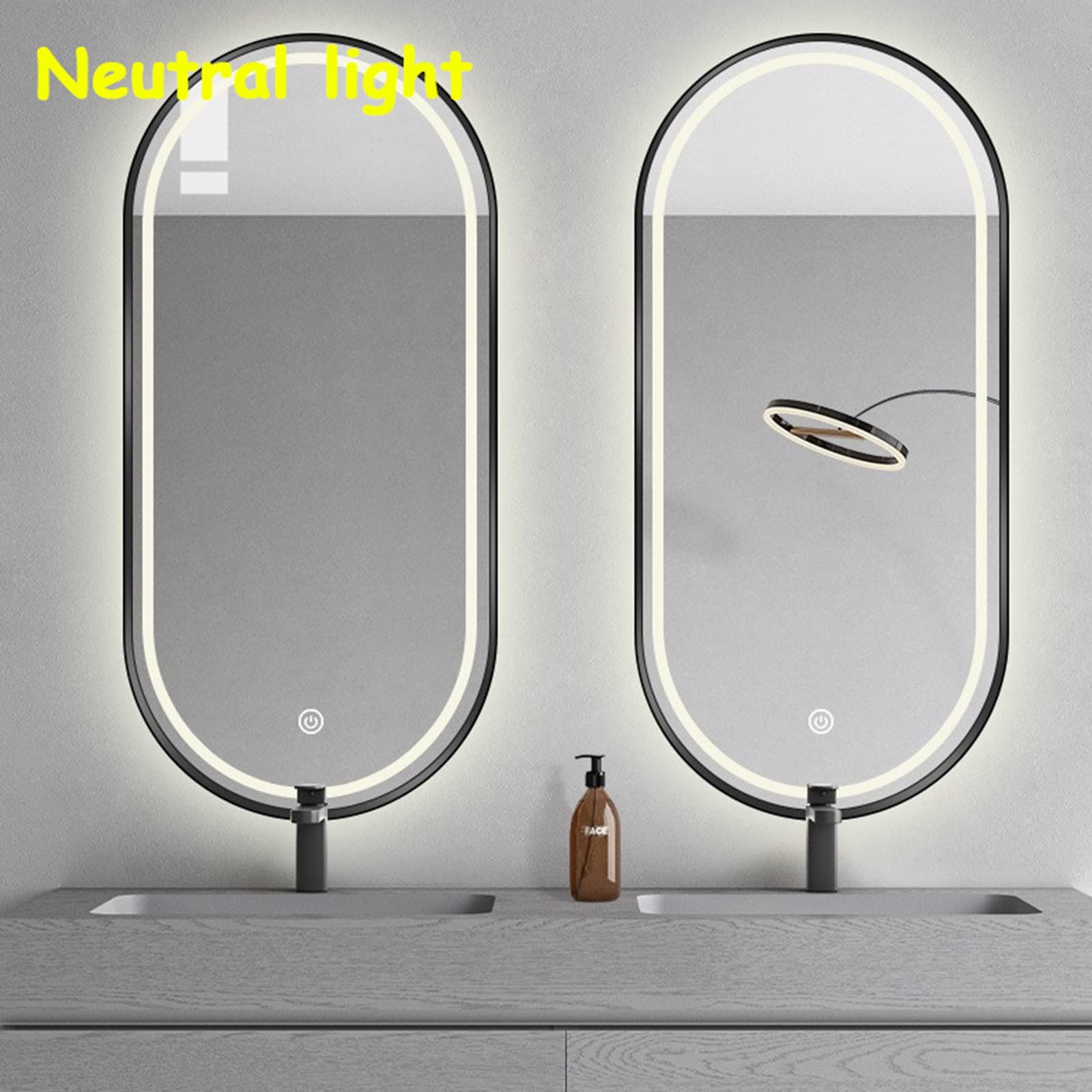 Black Oval Bathroom Mirror With LED Light, Wall Mirror With Aluminium Frame, Decorative Mirror, LED Illuminated Makeup Mirror, Infinitely Dimmable, 3-colour Light ( Color : Black , Size : 50x80CM )