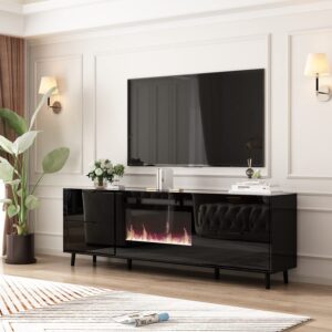 hitow fireplace tv stand for 80 inch tv, modern entertainment center with 30" electric fireplace, long media console cabinet with 4 drawers, gloss black (70.8" w x 13.9" d x 23.7" h)