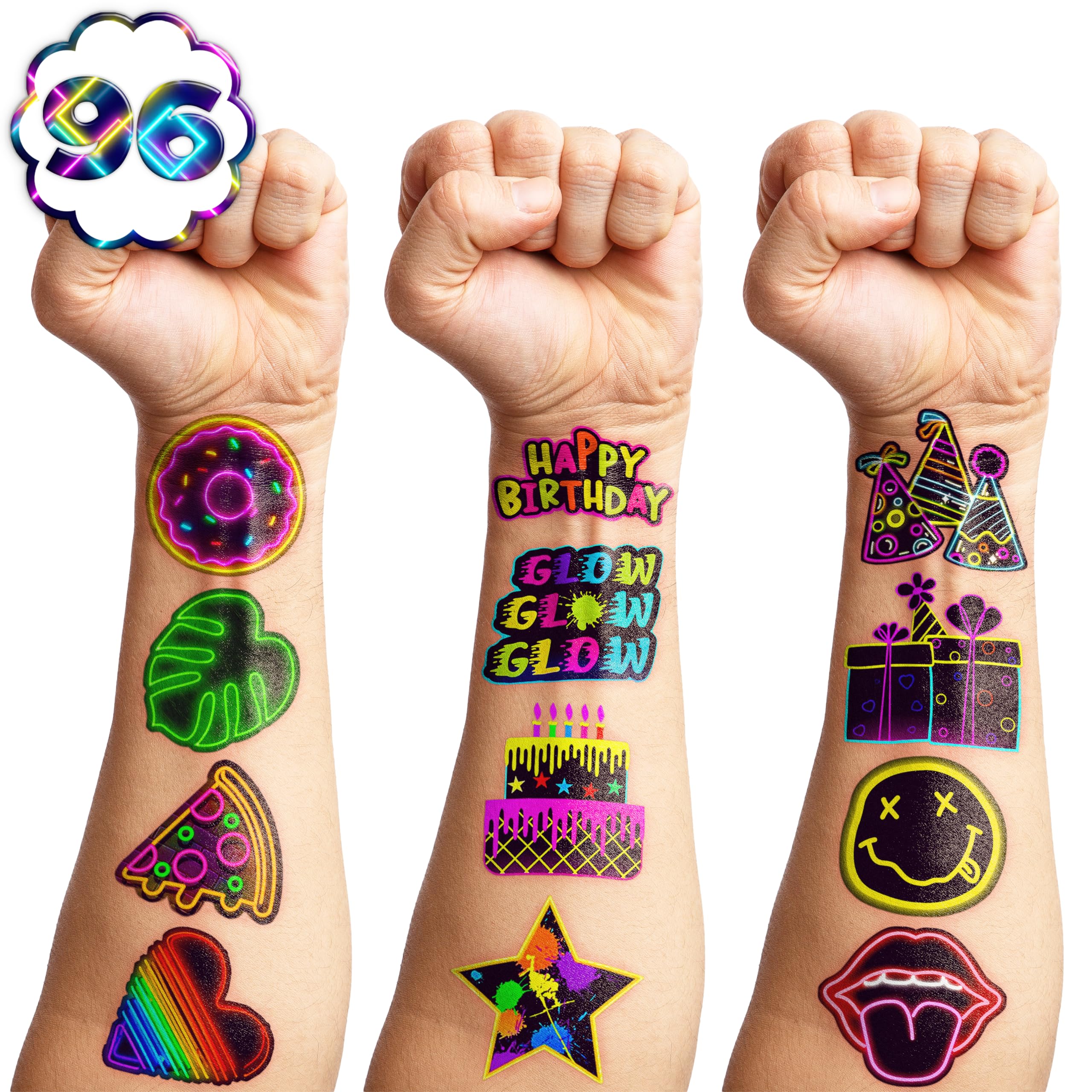 Neon Temporary Tattoos Theme Birthday Party Decorations Supplies Favors Decor 96 PCS 8 Sheets Cute Tattoo Stickers For Children Kids Boys Girls School Gifts Rewards Home Activity