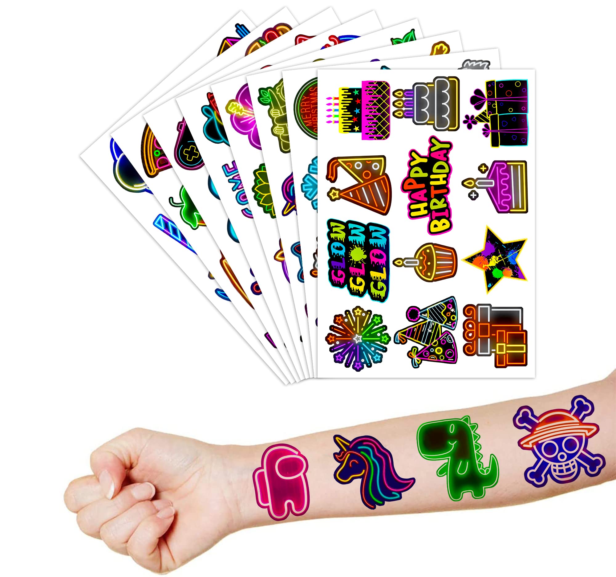Neon Temporary Tattoos Theme Birthday Party Decorations Supplies Favors Decor 96 PCS 8 Sheets Cute Tattoo Stickers For Children Kids Boys Girls School Gifts Rewards Home Activity