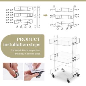 BOEASTER 3-Tier Acrylic Bar Cart,Storage Rolling Cart with Wheels,Clear Acrylic Side Table for Office School and Home