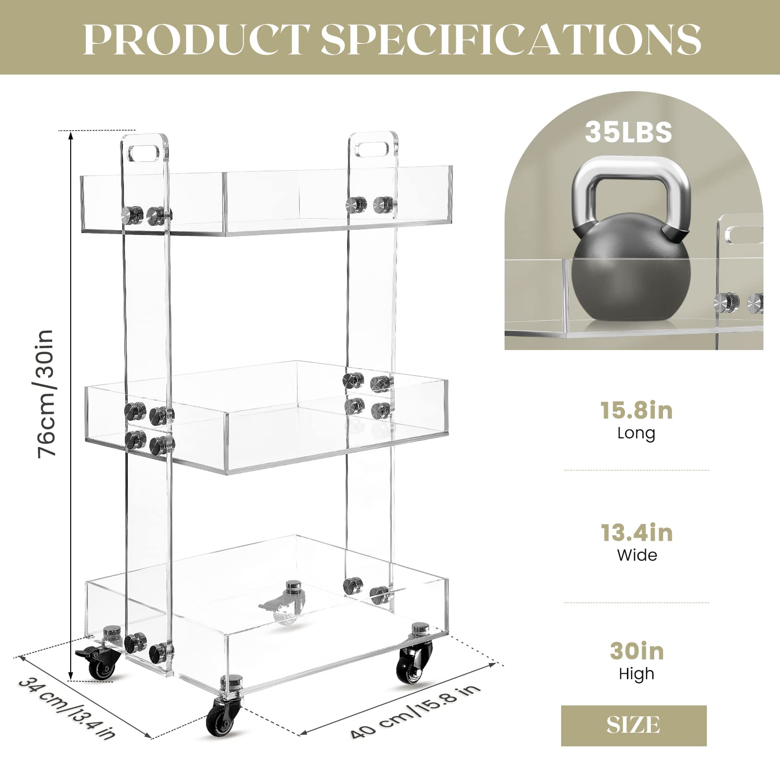 BOEASTER 3-Tier Acrylic Bar Cart,Storage Rolling Cart with Wheels,Clear Acrylic Side Table for Office School and Home