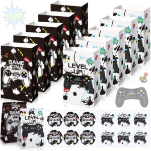 30 pcs video game party paper bags gaming party favors gift bags gamer theme party goodie bags boys birthday party decorations treat candy bags with 30 stickers (white, black)