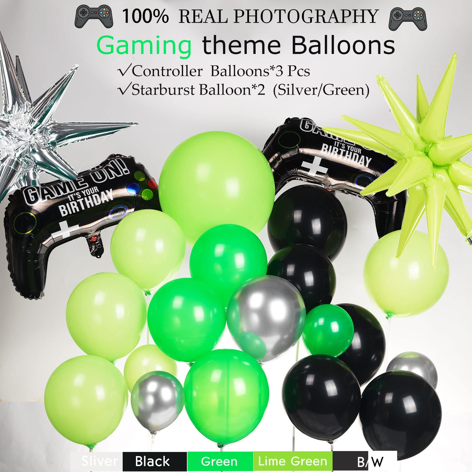 Video game Balloon garland kit 135pcs Green and Black Silver Controller balloon arch Gamer night Decorations For boy birthday party supplies