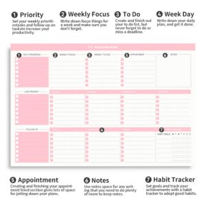 Weekly Planner Notepad Undated Weekly Goals Schedule Planner To Do List Notebook Tear Off Planning Pad Calendars Organizers Habit Tracker Journal for Man & Women,52 Weeks Pink (7x10")