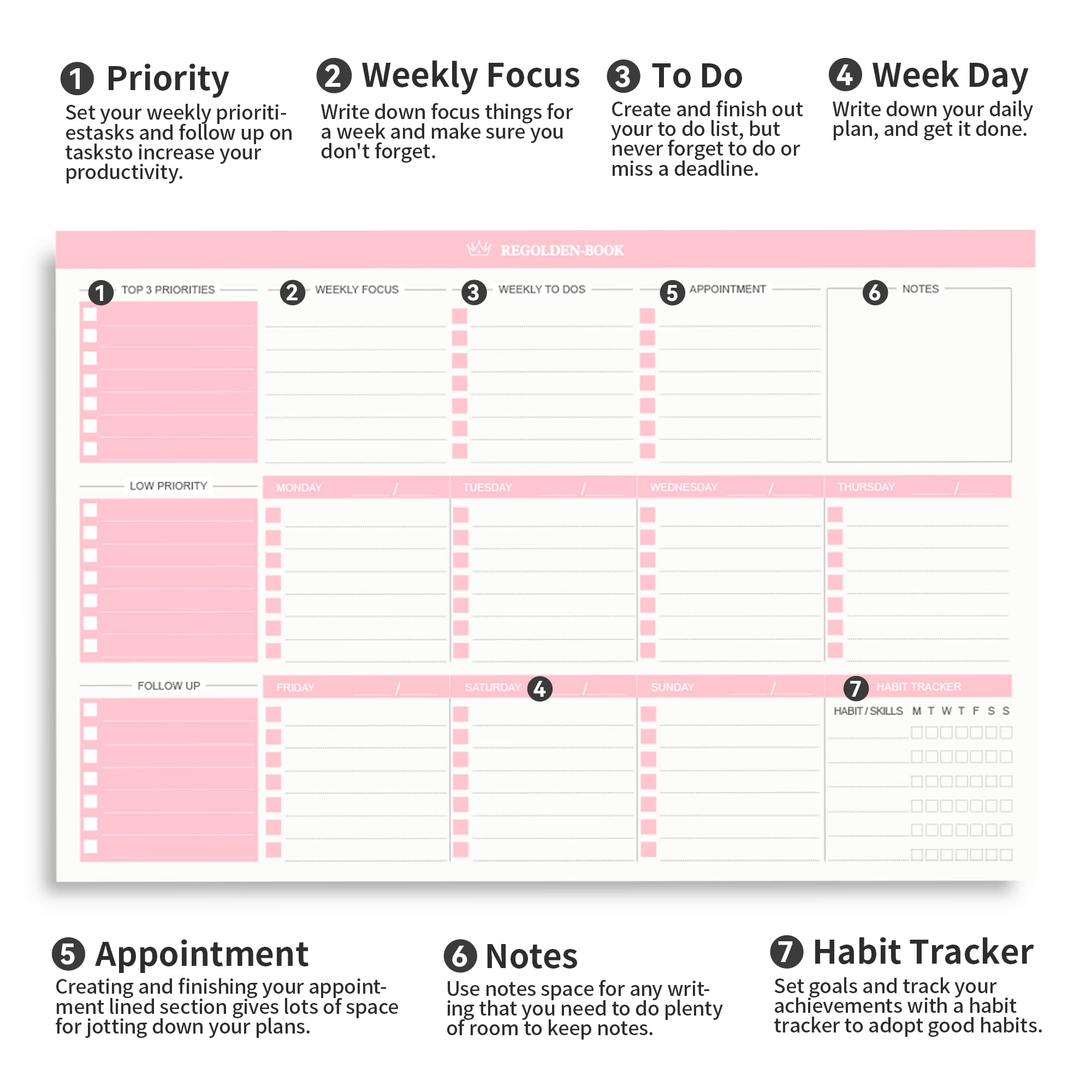 Weekly Planner Notepad Undated Weekly Goals Schedule Planner To Do List Notebook Tear Off Planning Pad Calendars Organizers Habit Tracker Journal for Man & Women,52 Weeks Pink (7x10")