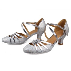 ROGMUJEN Women Latin Ballroom Dance Shoes Silver Tango Salsa Party Dress Dance Heels Shoes Wedding Pumps,Silver,6.5US,ML131
