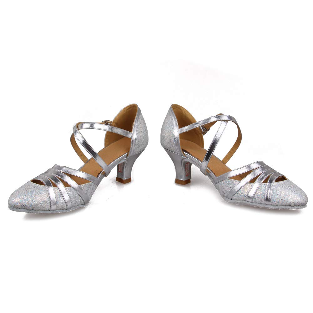 ROGMUJEN Women Latin Ballroom Dance Shoes Silver Tango Salsa Party Dress Dance Heels Shoes Wedding Pumps,Silver,6.5US,ML131