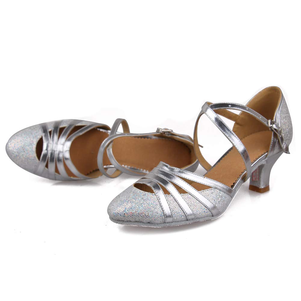 ROGMUJEN Women Latin Ballroom Dance Shoes Silver Tango Salsa Party Dress Dance Heels Shoes Wedding Pumps,Silver,6.5US,ML131