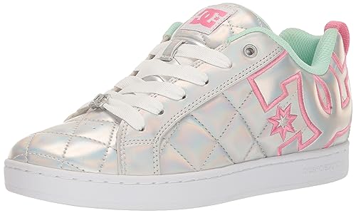 DC Women's Court Graffik SE Skate Shoe, White/Metallic Silver/Pink, 10.5