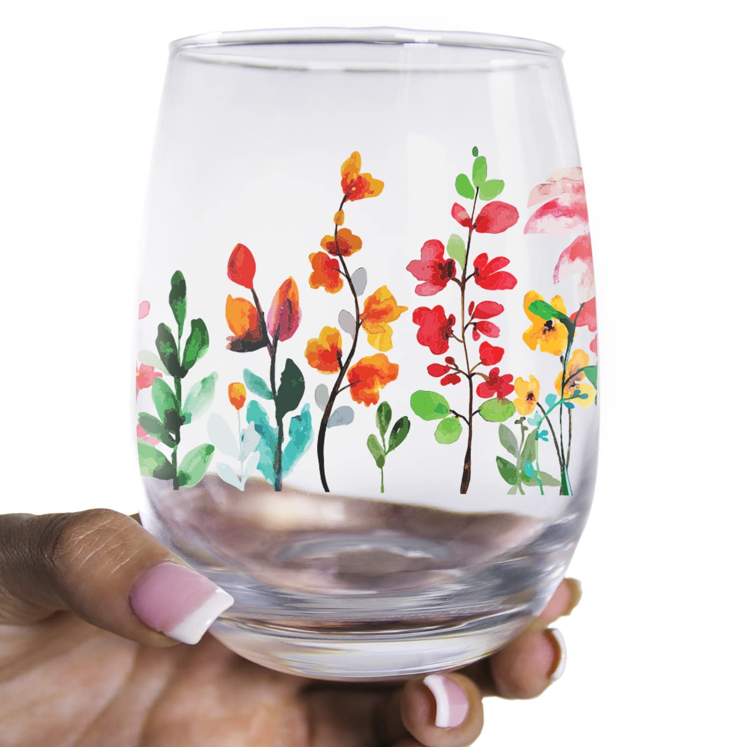 Toasted Tales Wildflowers Lake and Lodge Collection | 16 oz Stemless Wine Glass | Seasonal Outdoor Home Décor Accessory Glassware | Forest Animals Design | Wine Tasting Gift For Her