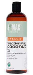 j mac botanicals, organic fractionated coconut oil (16 oz.) carrier oil for diluting essential oils, leave in conditioner for dry damaged hair, skin, massage