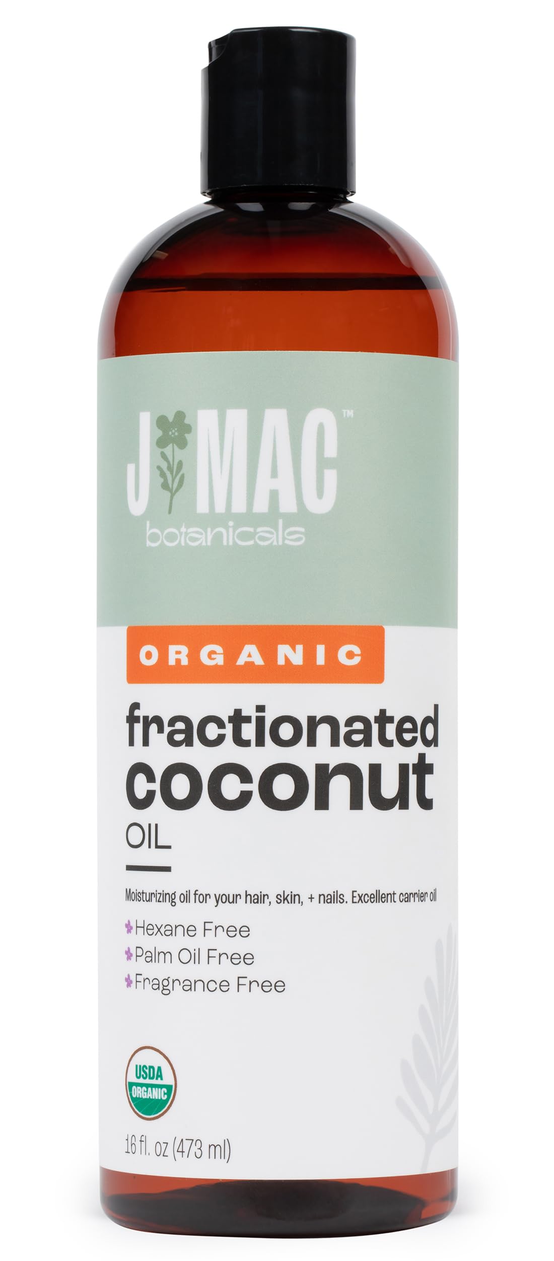 J MAC BOTANICALS, Organic Fractionated Coconut Oil (16 Oz.) Carrier oil for diluting essential oils, leave in conditioner for dry damaged hair, skin, massage