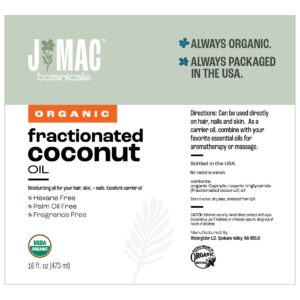 J MAC BOTANICALS, Organic Fractionated Coconut Oil (16 Oz.) Carrier oil for diluting essential oils, leave in conditioner for dry damaged hair, skin, massage