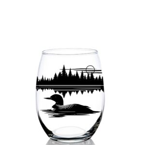 toasted tales loon scene lake and lodge collection | 16 oz stemless wine glass | seasonal outdoor home décor accessory glassware | forest animals design | wine tasting gift for her