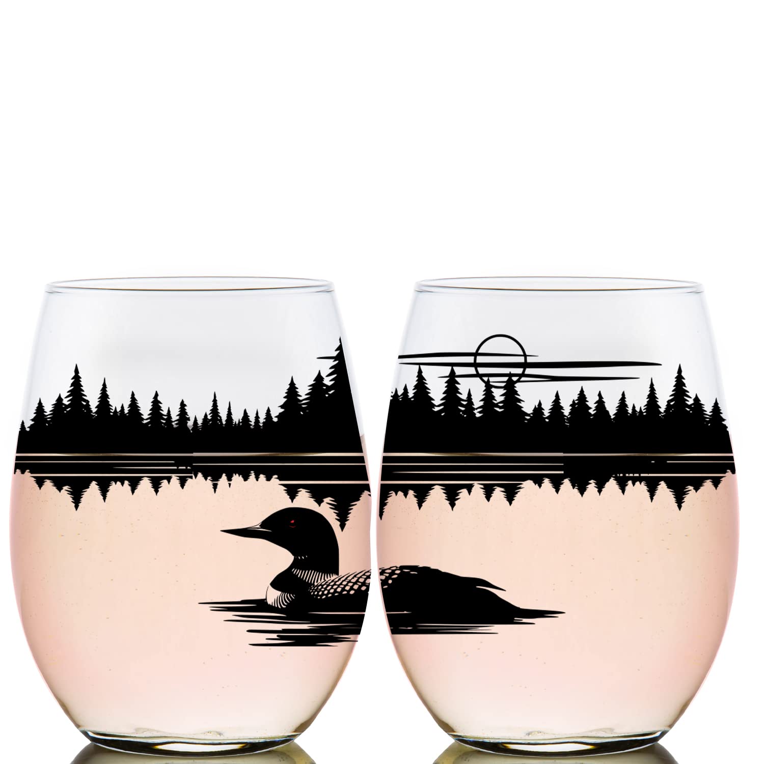 Toasted Tales Loon Scene Lake and Lodge Collection | 16 oz Stemless Wine Glass | Seasonal Outdoor Home Décor Accessory Glassware | Forest Animals Design | Wine Tasting Gift For Her