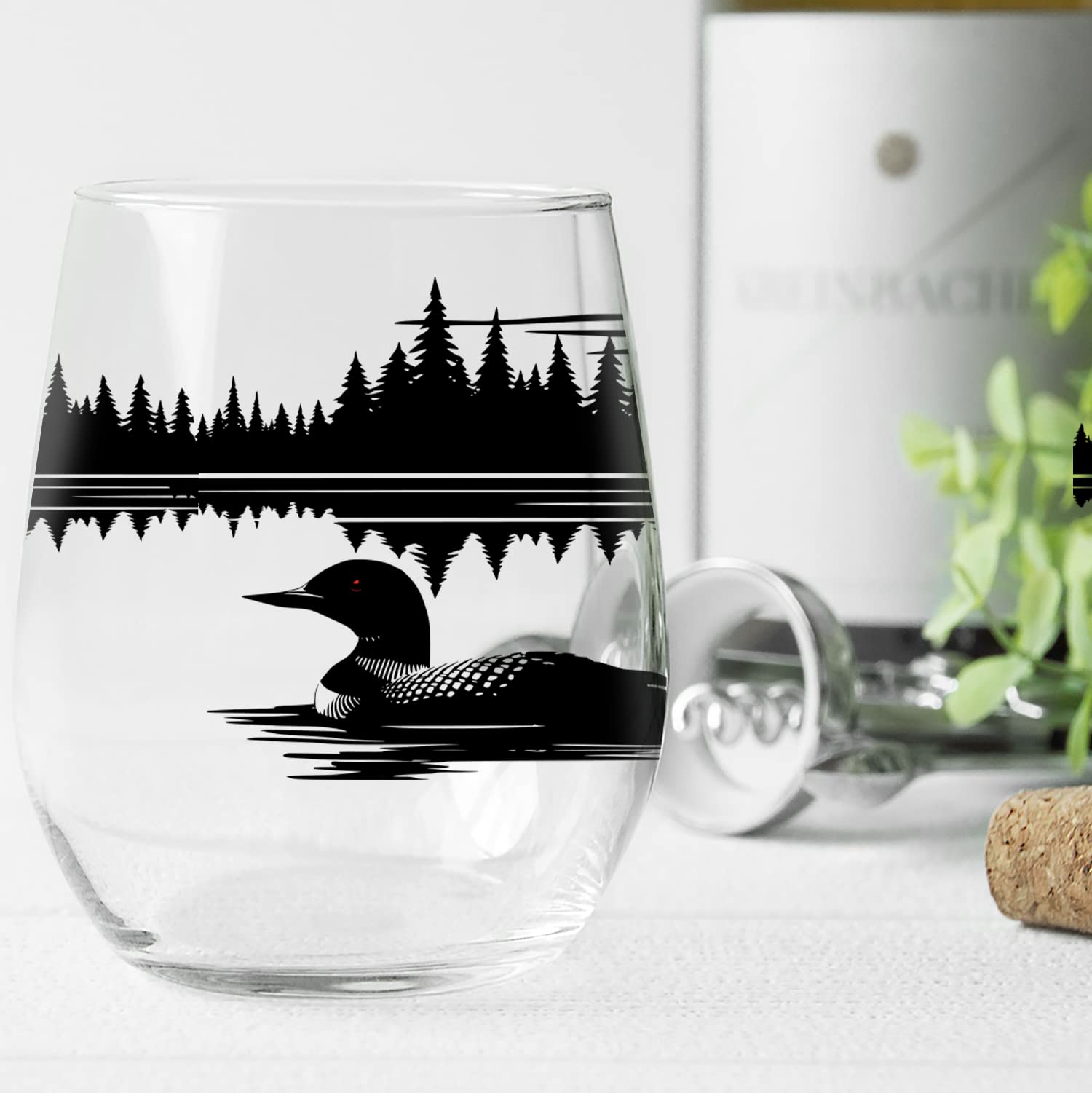 Toasted Tales Loon Scene Lake and Lodge Collection | 16 oz Stemless Wine Glass | Seasonal Outdoor Home Décor Accessory Glassware | Forest Animals Design | Wine Tasting Gift For Her