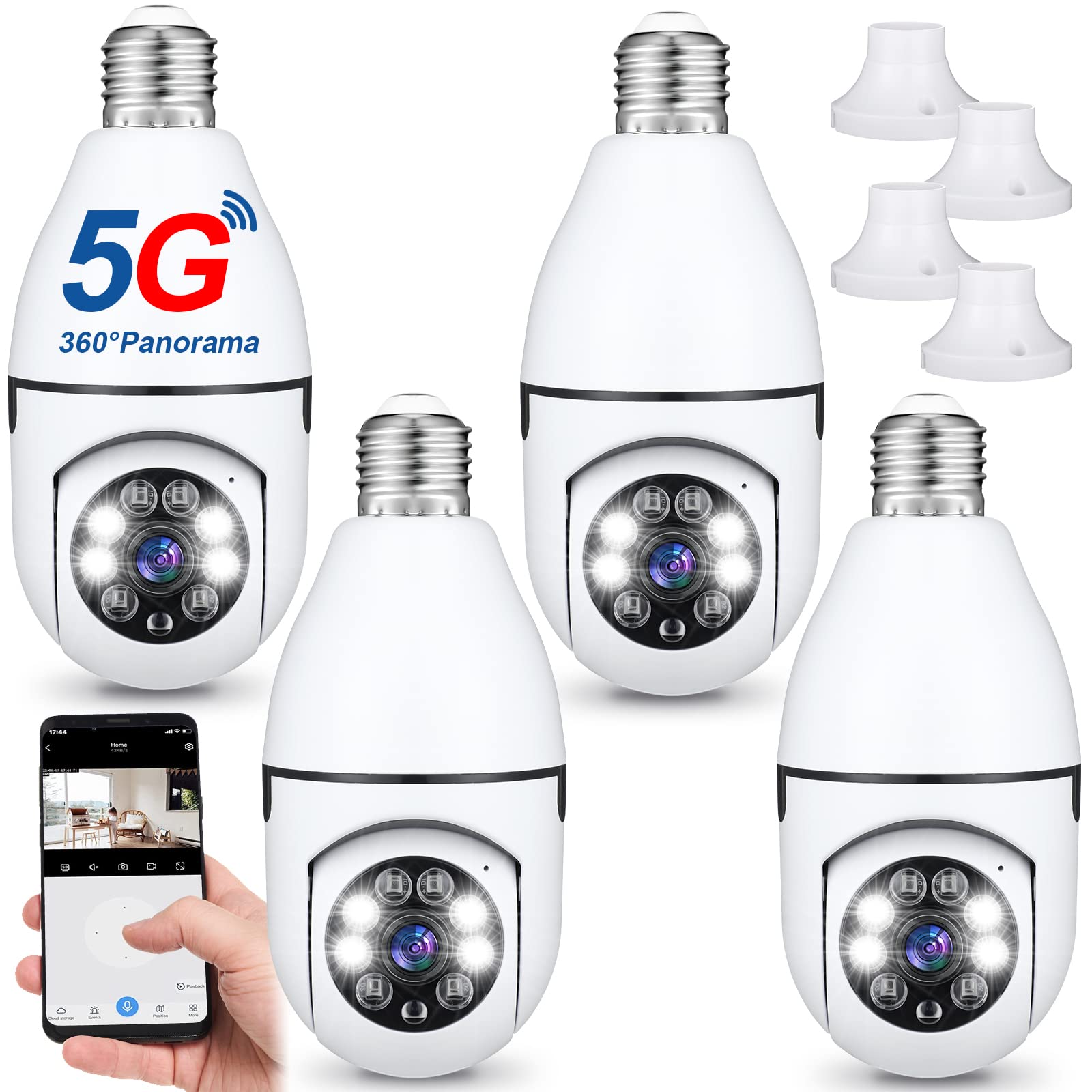 2K Light Bulb Security Camera 5GHz 2.4GHz Security Cameras Wireless Outdoor 360 Panoramic Surveillance E26/E27 Night Vision Lightbulb Camera Two Way Indoor Outdoor Compatible with WiFi (4 Pieces)