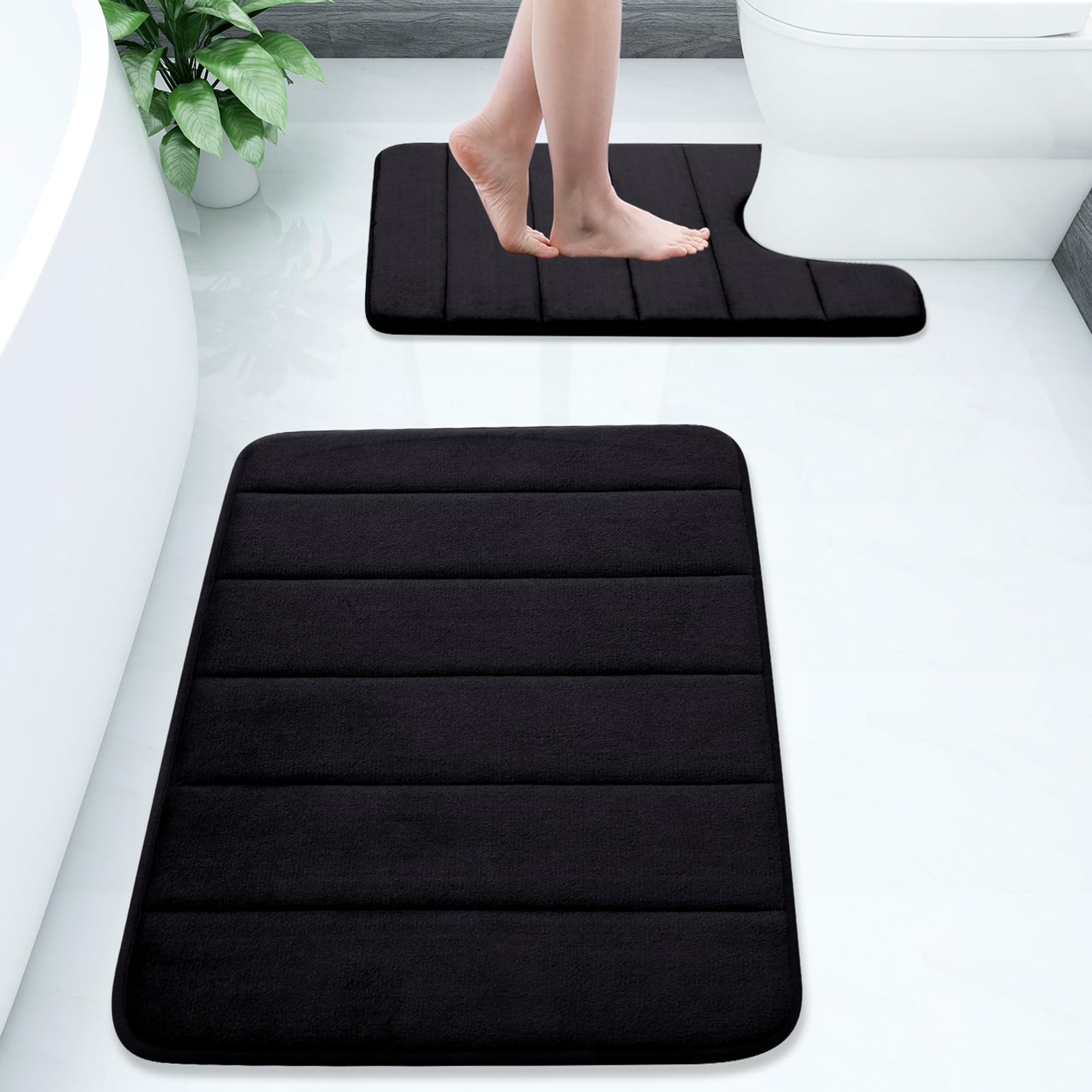 Buganda Bathroom Rug and Mat Set, 2 Piece Memory Foam Bath Mat and U-Shaped Toilet Rug, Machine Wash Dry, Soft Non Slip Absorbent Bath Rug for Bathroom, Shower and Tub (24" x 16"+24" x 20", Black)