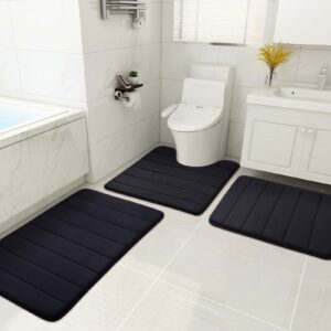 Buganda Bathroom Rug and Mat Set, 2 Piece Memory Foam Bath Mat and U-Shaped Toilet Rug, Machine Wash Dry, Soft Non Slip Absorbent Bath Rug for Bathroom, Shower and Tub (24" x 16"+24" x 20", Black)