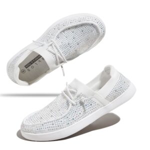 belos women's rhinestone lace up loafers shoes comfortable slip on mesh knit walking shoes fashion lightweight sparkly glitter sneaker(white,8.5