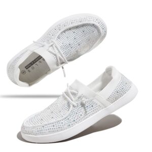 BELOS Women's Rhinestone Lace Up Loafers Shoes Comfortable Slip On Mesh Knit Walking Shoes Fashion Lightweight Sparkly Glitter Sneaker(White,8.5