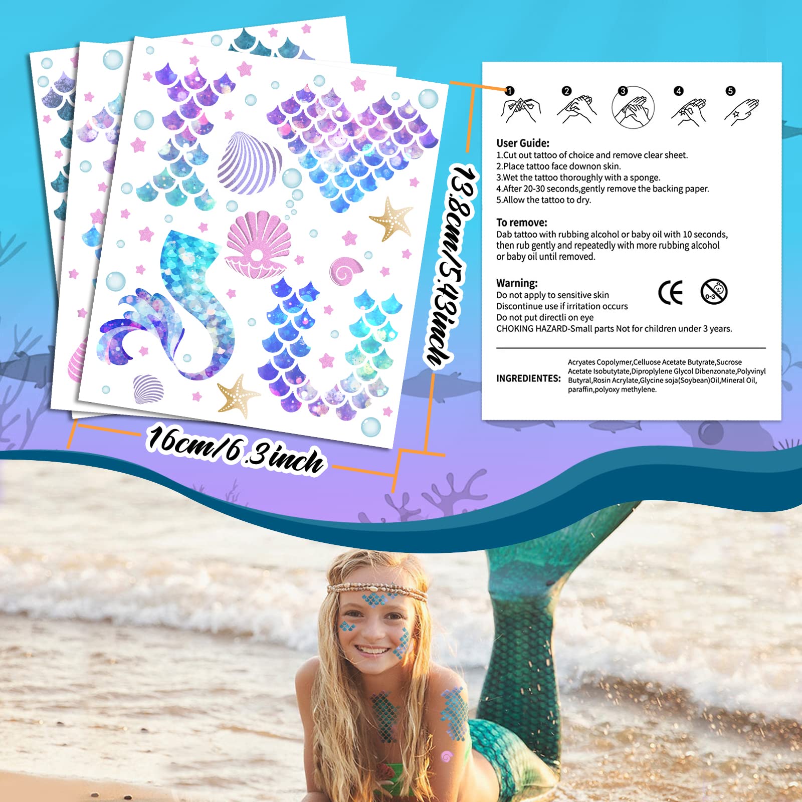 Mermaid Scale Temporary Tattoos Stickers,12 Sheets Mermaid Themed Tattoos Stickers Party Decoration Supplies Party favors for Kids Adults