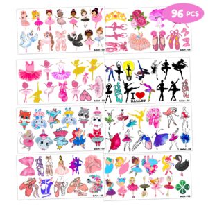 Ballerina Tattoos Themed Birthday Party Decorations Supplies Favors Decor 96 PCS 8 Sheets Cute Temporary Tattoo Stickers For Girls Kids Boys School Gifts Rewards Home Activity