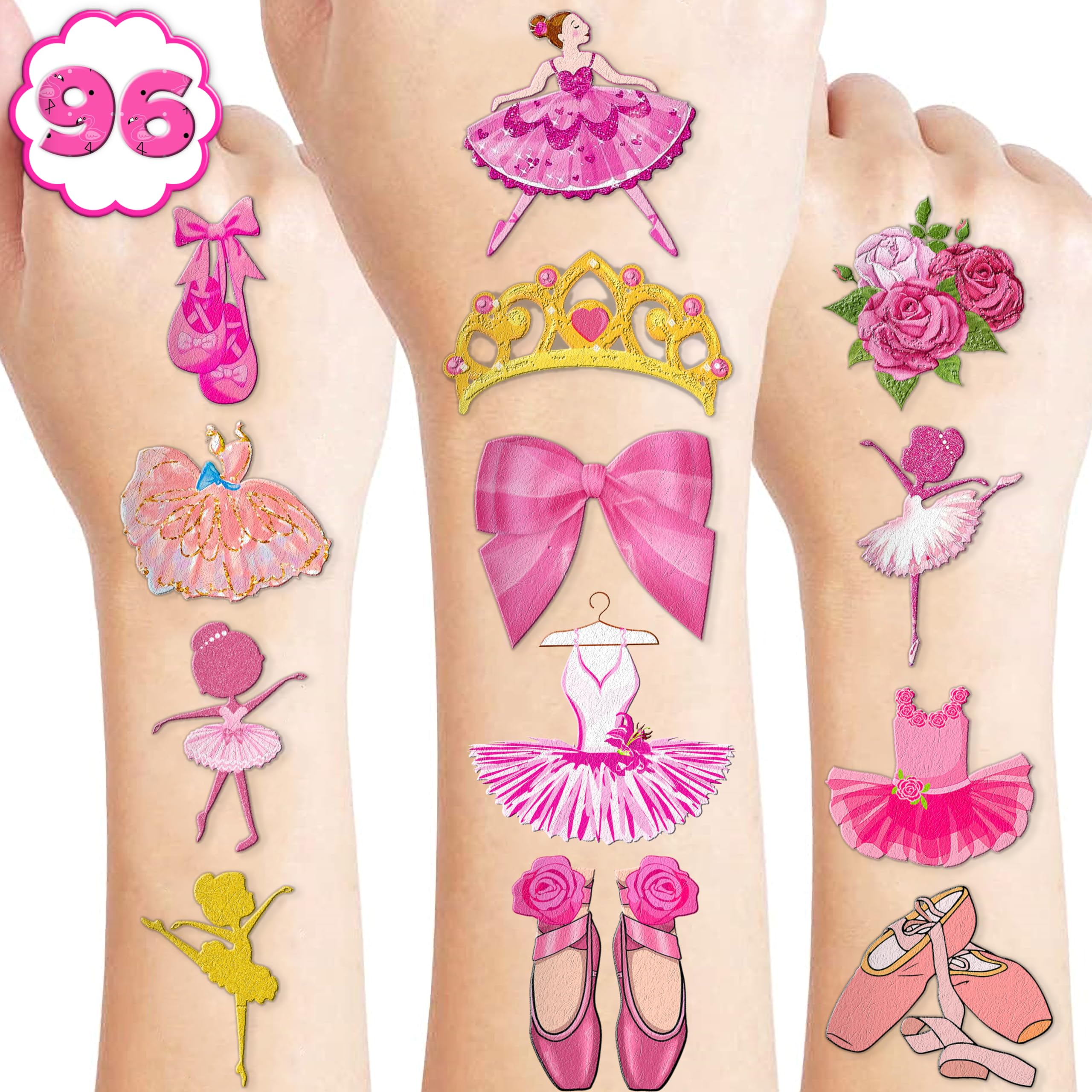 Ballerina Tattoos Themed Birthday Party Decorations Supplies Favors Decor 96 PCS 8 Sheets Cute Temporary Tattoo Stickers For Girls Kids Boys School Gifts Rewards Home Activity