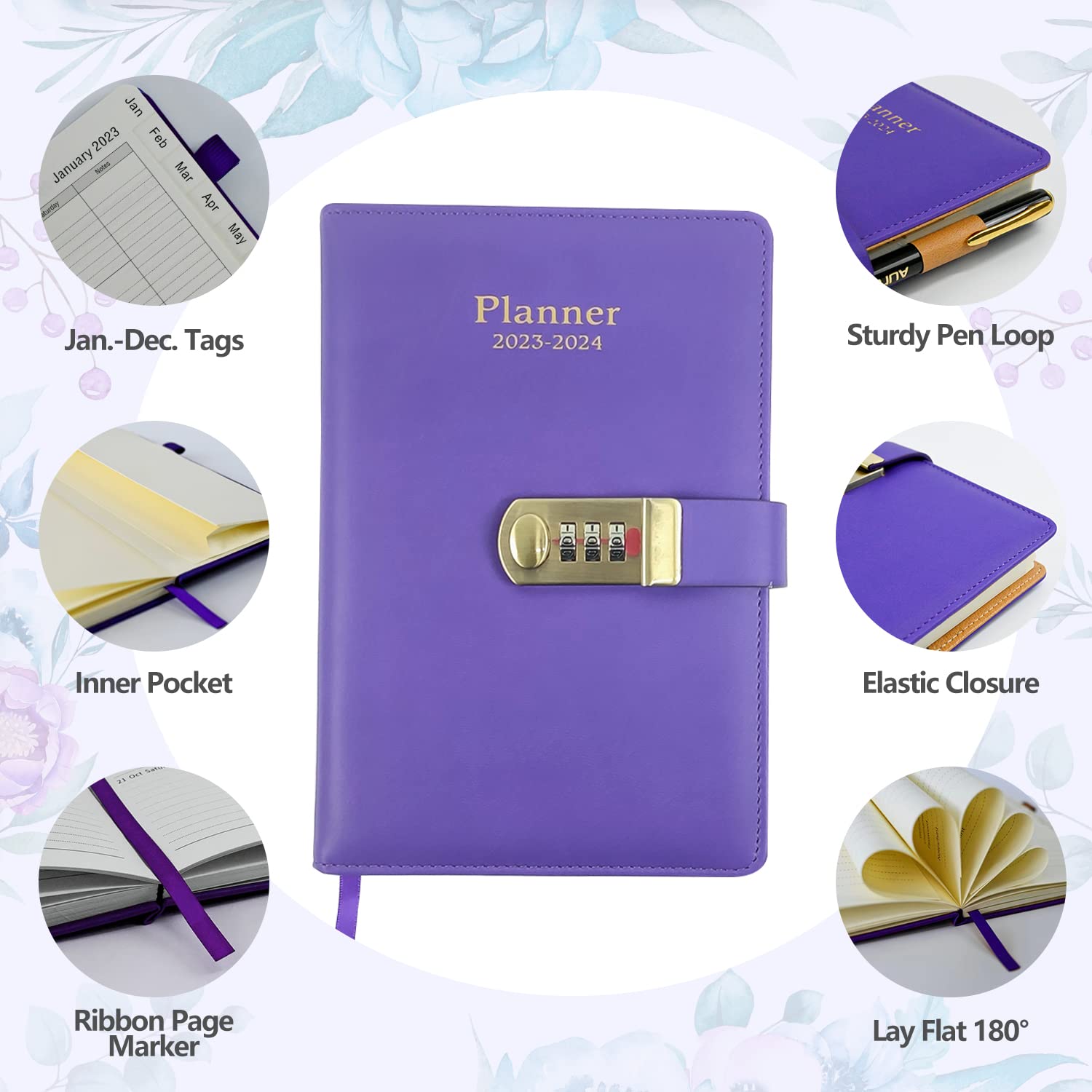 RHONZHAO 2023-2024 Weekly and Monthly Planner with Alphabetical Tabs and Lock. 5.8" x 8.2", 16 Months, Flexible Cover, Wirebound, Hardback edition (2023-2024, Purple)