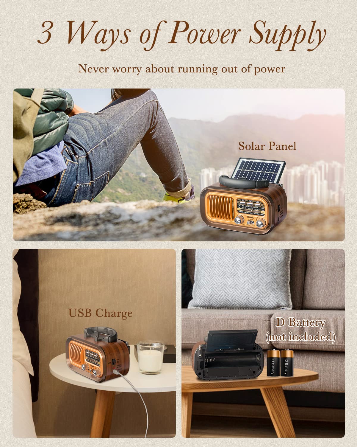 【2024 Newest】 PRUNUS J-150 Small Retro Vintage Radio Bluetooth, Portable Radio AM FM Transistor with Best Sound, Solar/Battery Operated Radio/Rechargeable Radio, TWS, Support TF Card/USB Playing