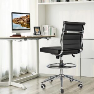 LUCKWIND Drafting Chair Tall Office Chair Ribbed - Mid-Back PU Leather Standing Desk Stool with Adjustable Foot Ring Wide Seat Tilt-Tension Rocker Lumbar Support Swivel Rolling 400lbs, Brown