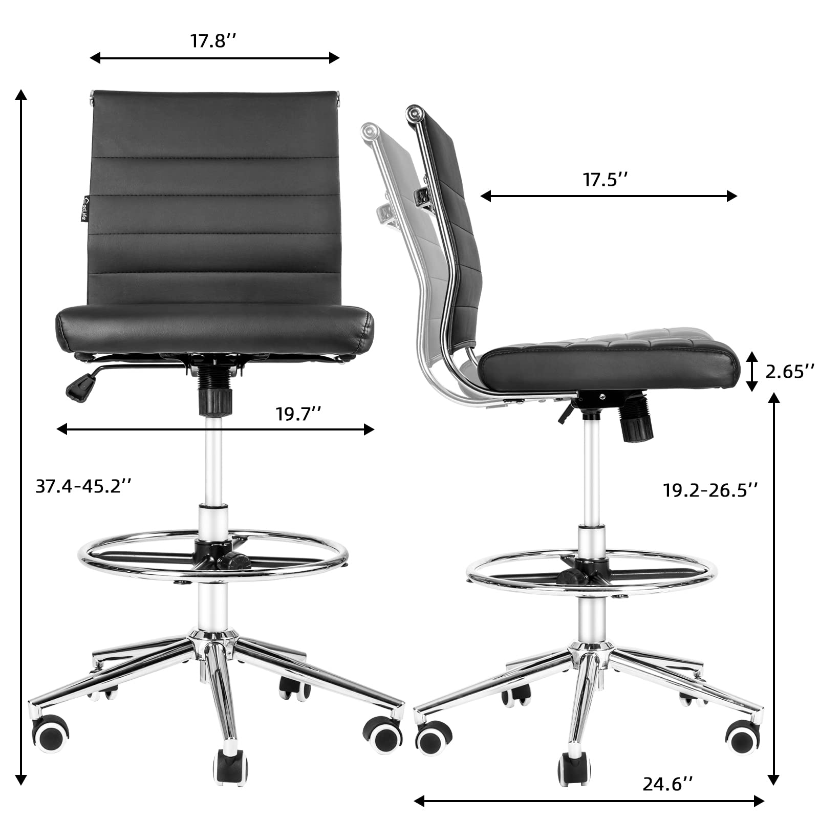 LUCKWIND Drafting Chair Tall Office Chair Ribbed - Mid-Back PU Leather Standing Desk Stool with Adjustable Foot Ring Wide Seat Tilt-Tension Rocker Lumbar Support Swivel Rolling 400lbs, Brown