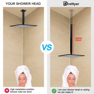 Drettyer Shower Arm with Flange 24 Inches Ceiling Mount Square Straight Extender Extension Pipe Replacement, Extra Long Shower Arm For Fixed Rain Shower Head or High Ceiling, Matte Black