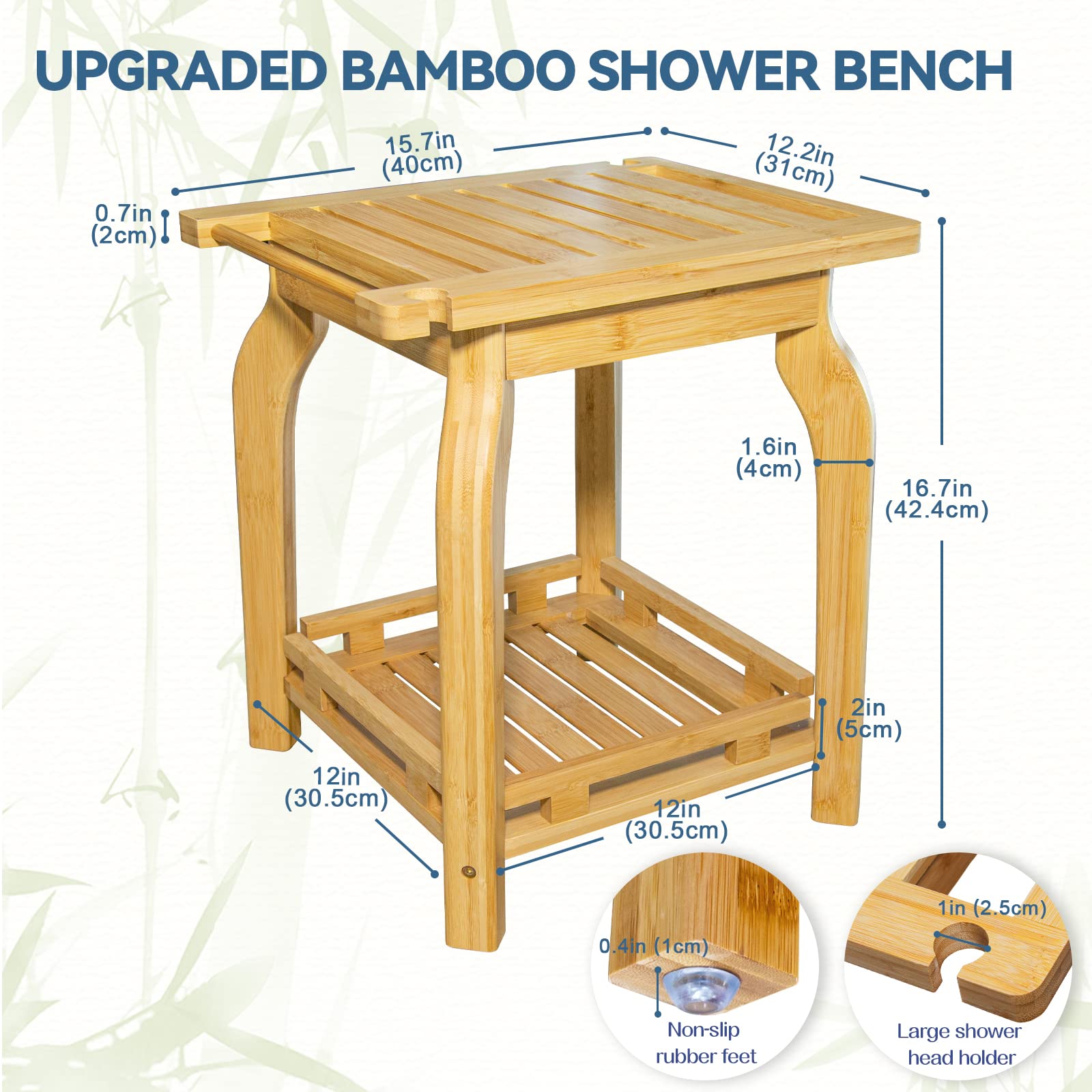 2-Tier Bamboo Shower Bench for Inside Shower Shaving Legs, 16 Inch Waterproof Bathroom Bench Shower Stool with Storage Shelf, Safe & Stable for Seniors Adults Disabled Women