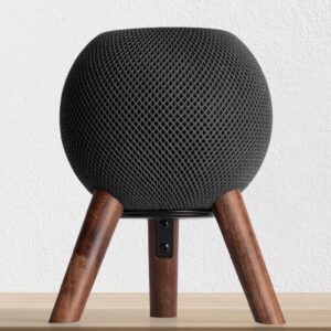 ggmm real wood stand for homepod mini-mid-century modern style wooden dock with sleek metal frame, made of black walnut